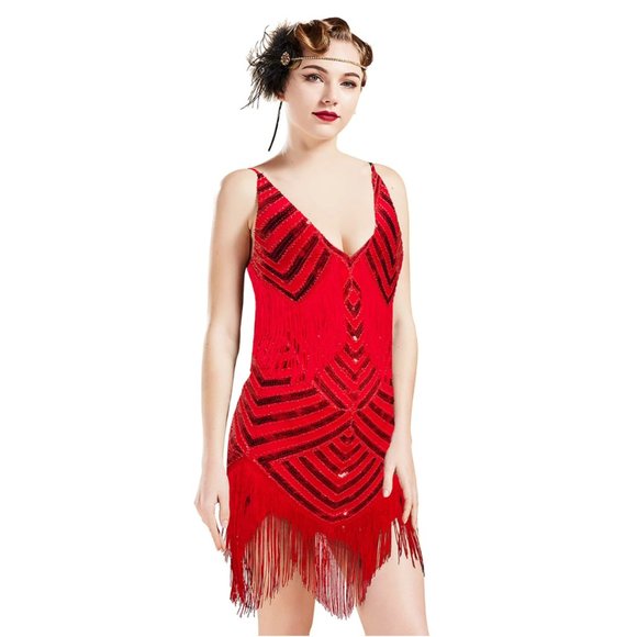 NWT red beaded deco flapper dress ALL SIZES - Picture 3 of 7